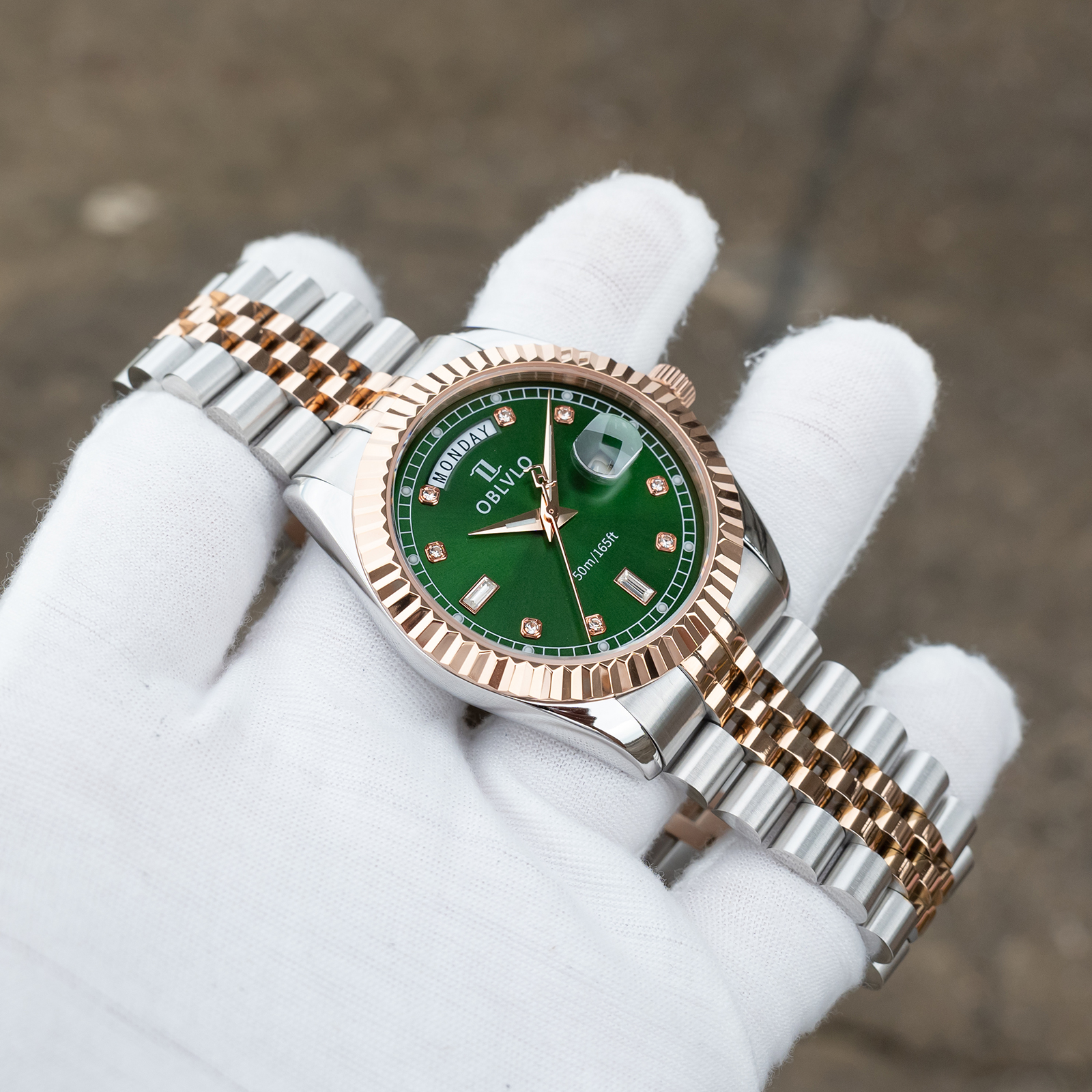 Luxury Watch With Green Dial - OBLVLO Men's Elegant Two-Tone Bracelet Watch