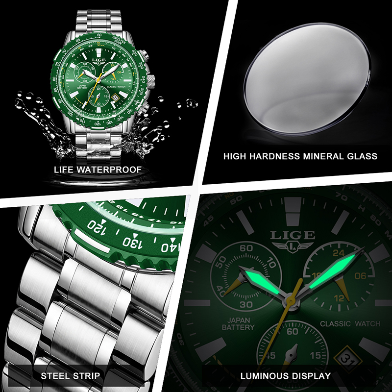 LIGE New Green Big Dial Watch  - Luxury Watch With Green Dial recension och pris
