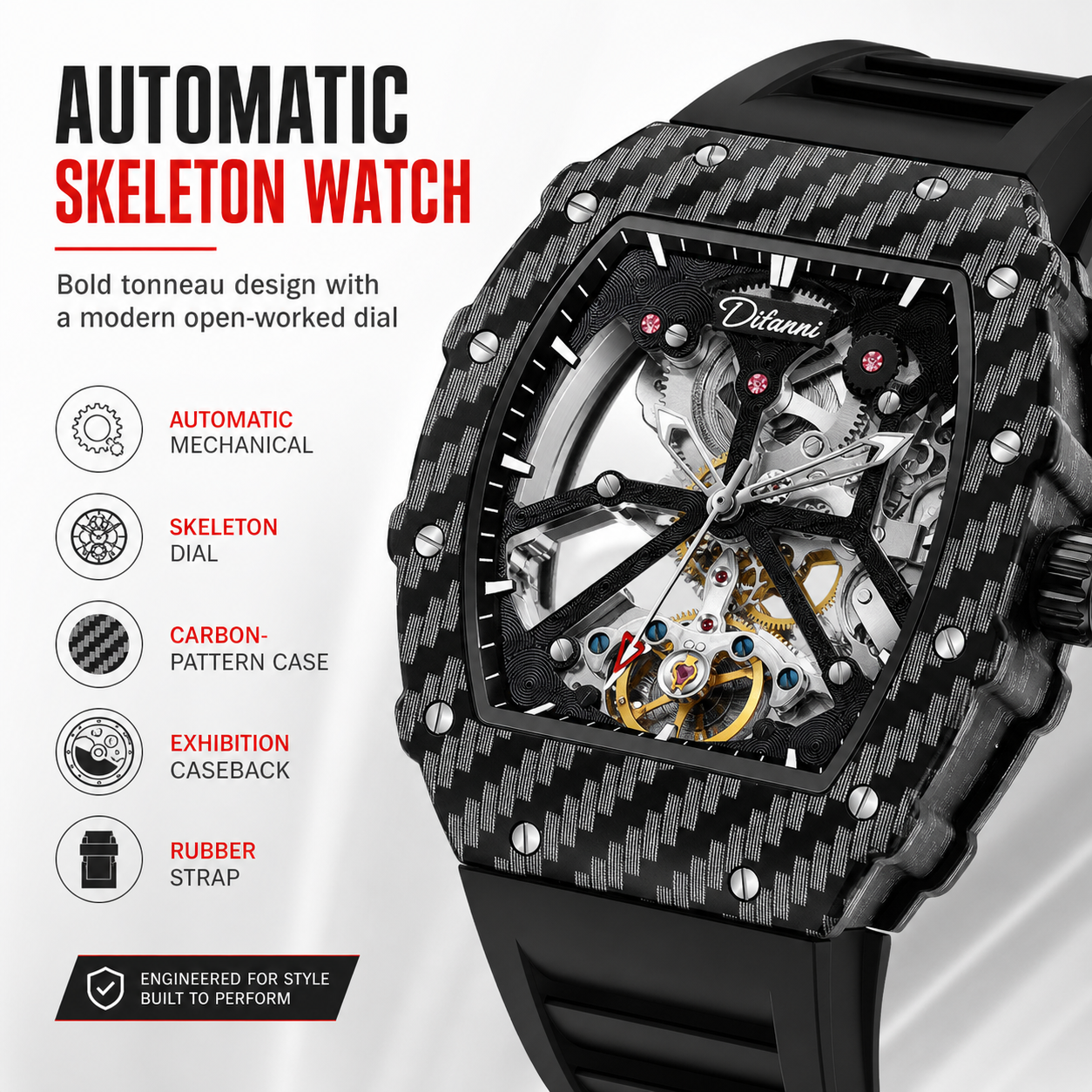 Men's Tonneau Automatic Mechan - Exhibition Caseback recension och pris