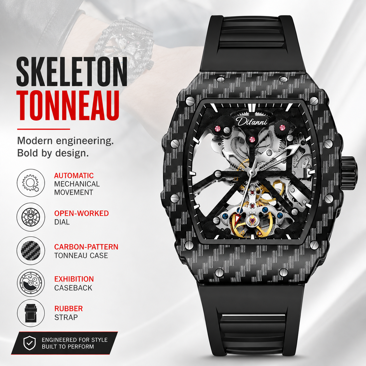 Men's Tonneau Automatic Mechan - Exhibition Caseback recension och pris